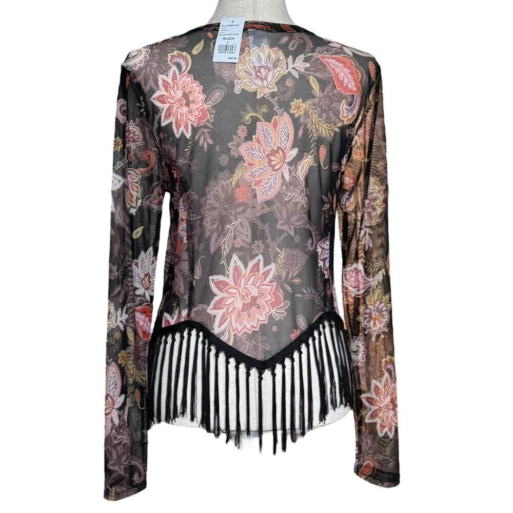 Nouvida Sheer Floral Print Mesh Top Fringe Hem Boho Festival NWT Wmn’s Lg. - Picture 3 of 7